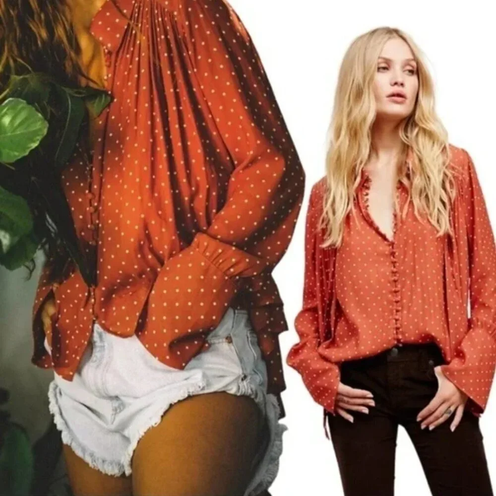 Free People New World Dotted Blouse in Autumn orange combo size X-Small